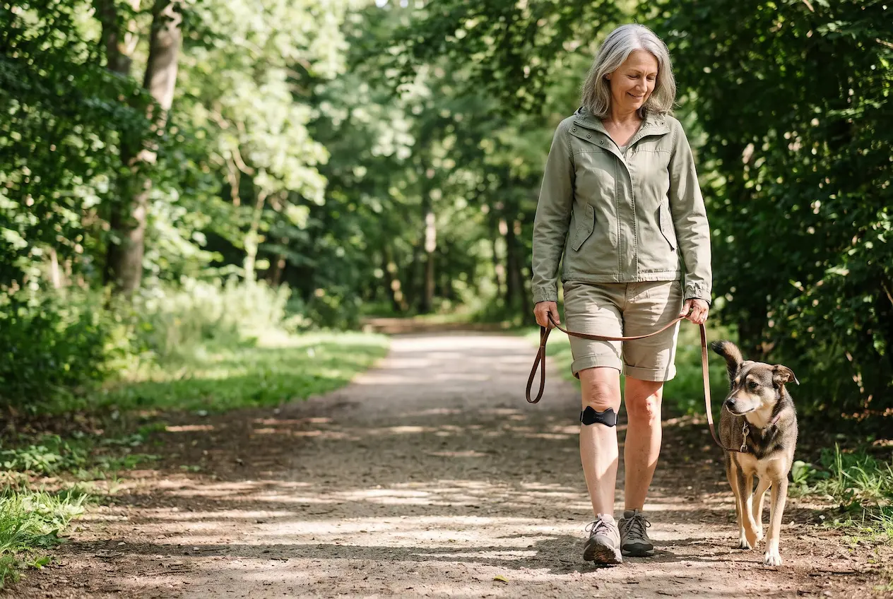 Femme portant la sangle rotulienne Inolyo lors d’une marche en forêt avec son chien